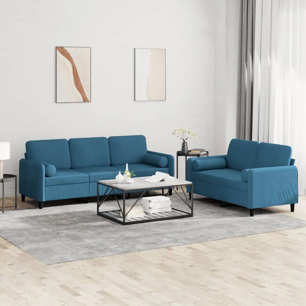 Set Di Divani 2 Pz Con Cuscini Blu İn Velluto /