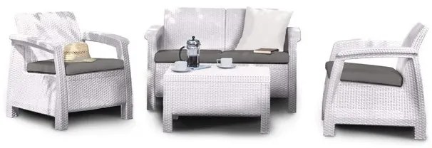 Salotto In Rattan Bianco Set Divano Poltrone E Tavolino Con Cuscini Corfù Keter
