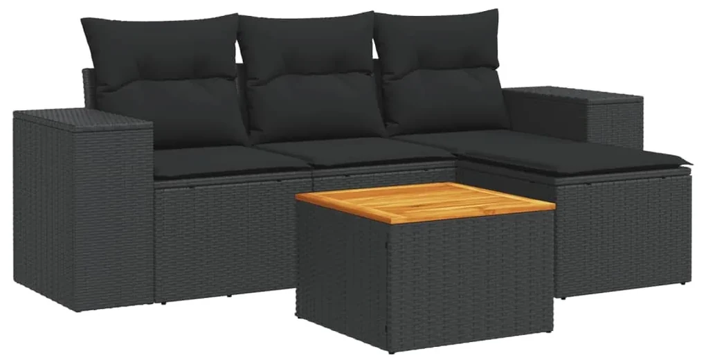 Set divani da giardino 5 pz con cuscini in polyrattan nero