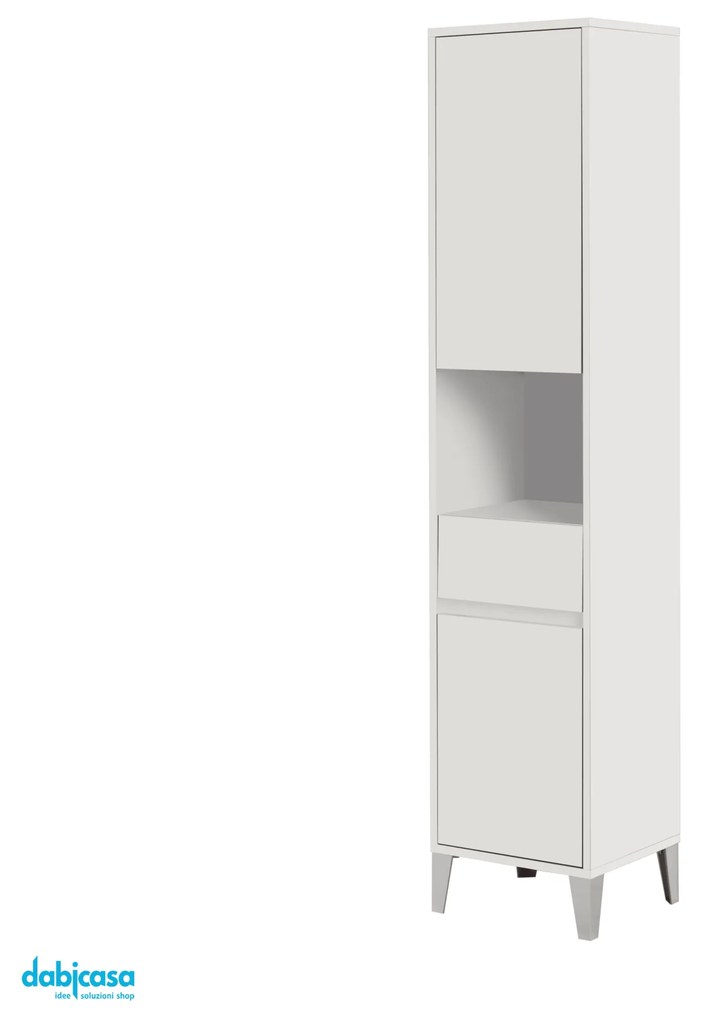 Colonna Portasciugamani A Terra "Mondo 2.0" Da 183 Cm Composto Da Due Ante Ed Un Cassetto Finitura Bianco Opaco/Bianco Laccato