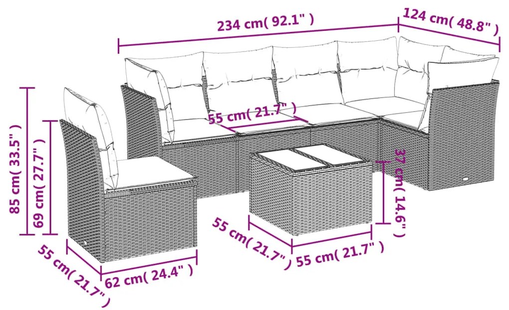 Set Divani da Giardino con Cuscini 7pz Nero Polyrattan