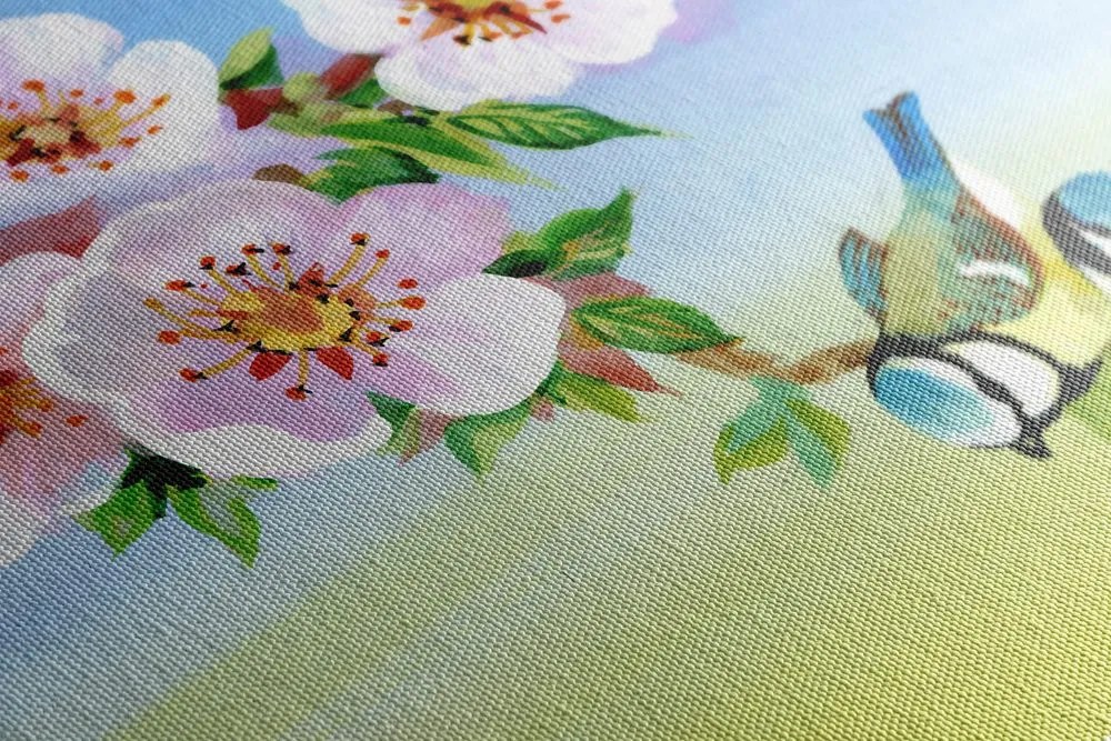 Quadro su tela – Cince e fiori in fiore