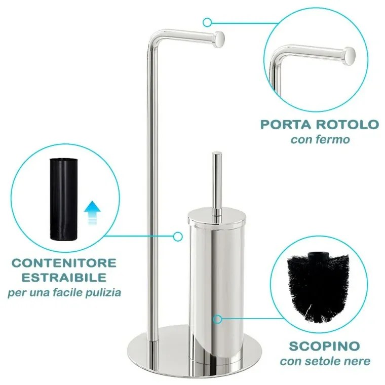 Piantana bagno portascopino e portarotolo design moderno in acciaio cromo