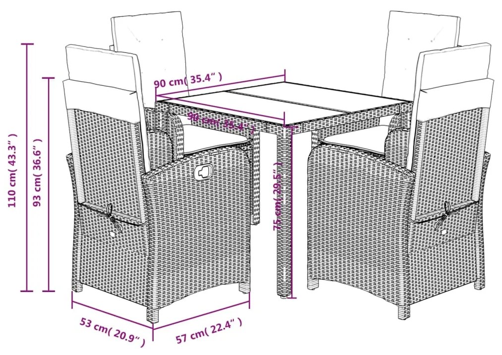 Set da Pranzo da Giardino 5 pz Nero con Cuscini in Polyrattan