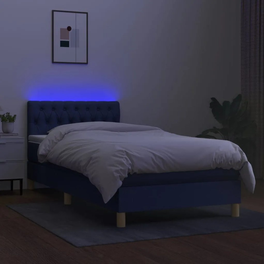 Letto a molle con materasso e led blu 90x190 cm in tessuto