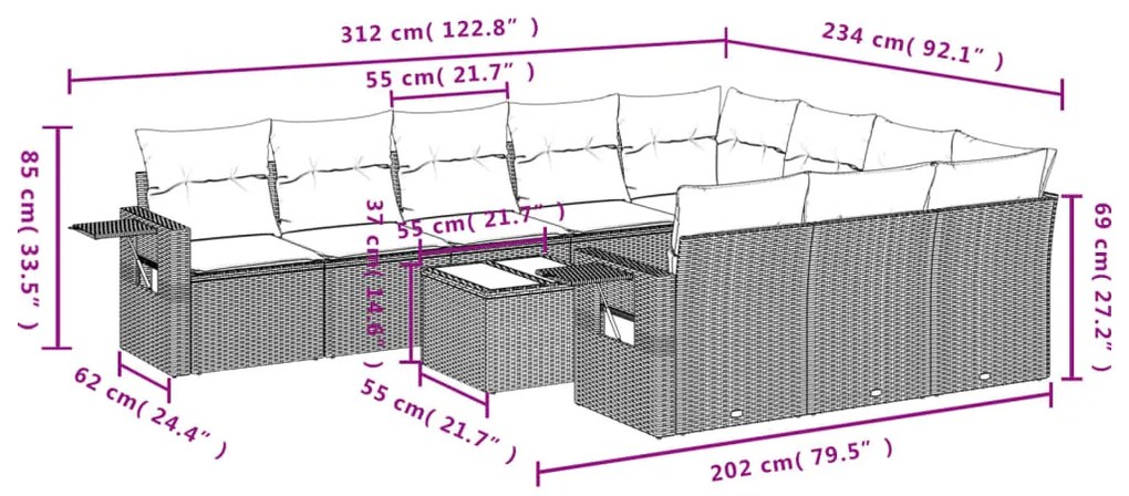Set divani da giardino 11 pz con cuscini in polyrattan grigio