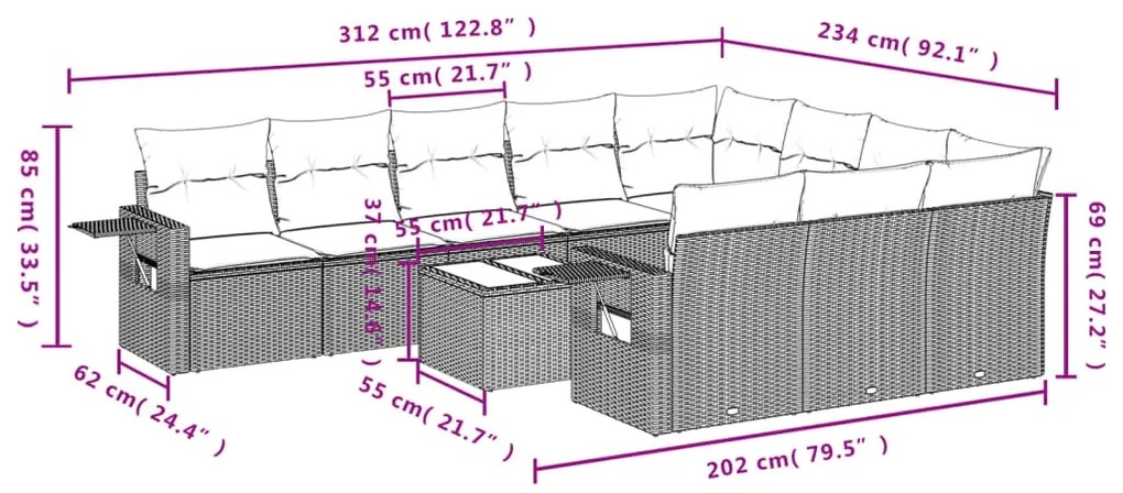 Set divani da giardino 11 pz con cuscini in polyrattan grigio