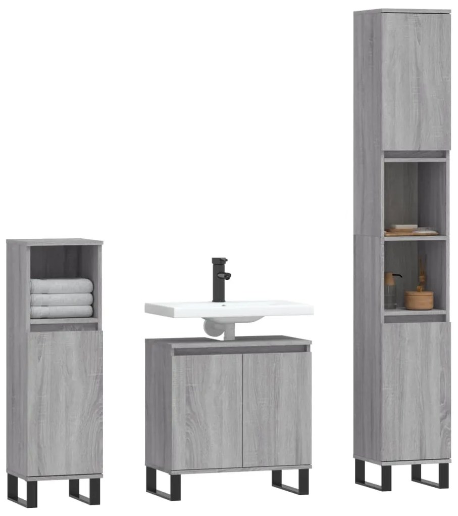 Set mobili da bagno 3 pz grigio sonoma in legno multistrato