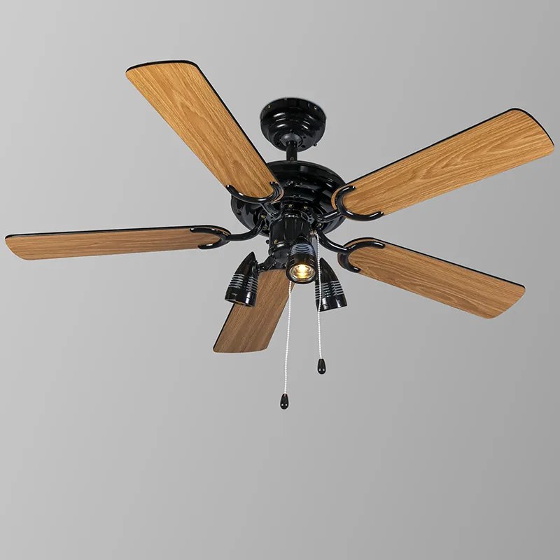 Ventilatore da soffitto nero 110 cm 3 luci con cordicella - Mistral