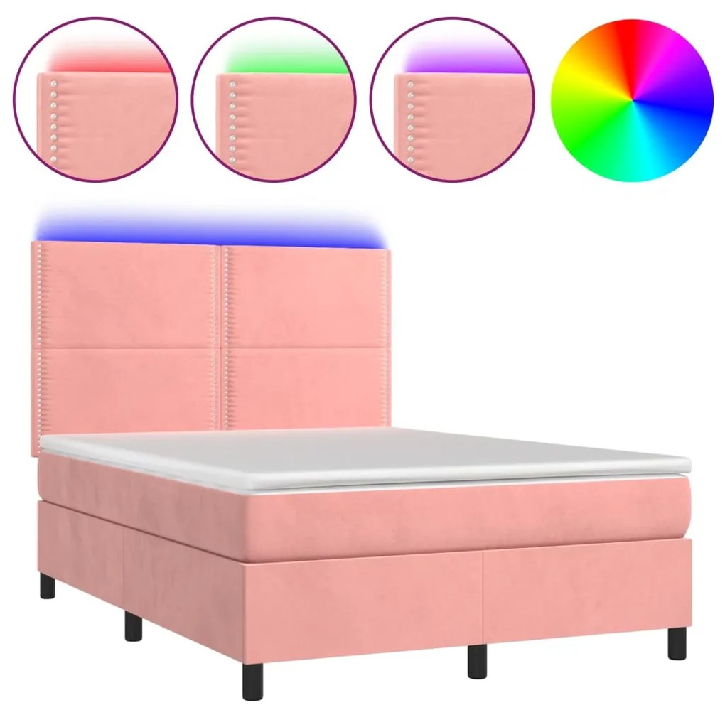 Letto a Molle con Materasso e LED Rosa 140x190 cm in Velluto