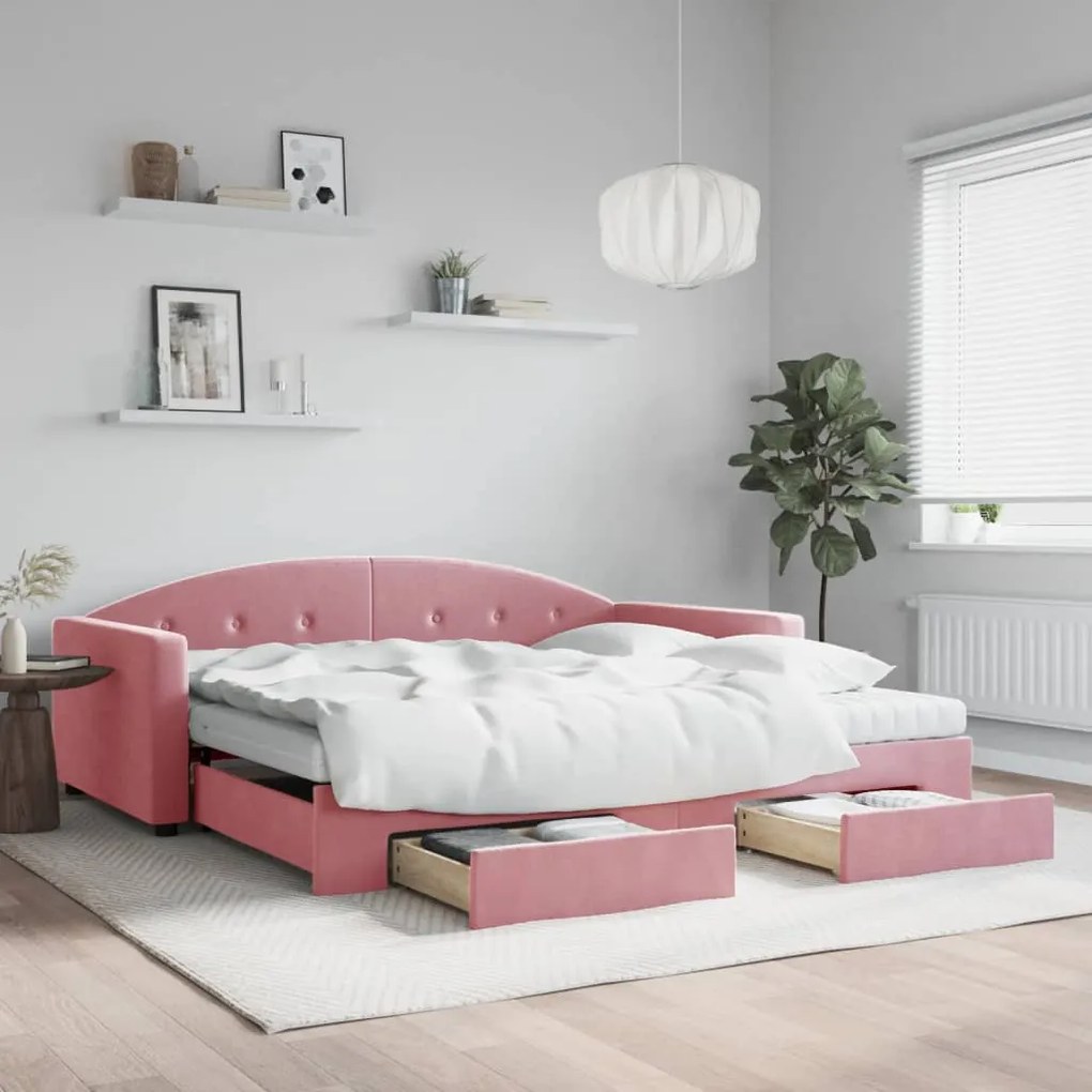 Divano Letto Estraibile Con Cassetti Rosa 100x200 Cm Velluto /