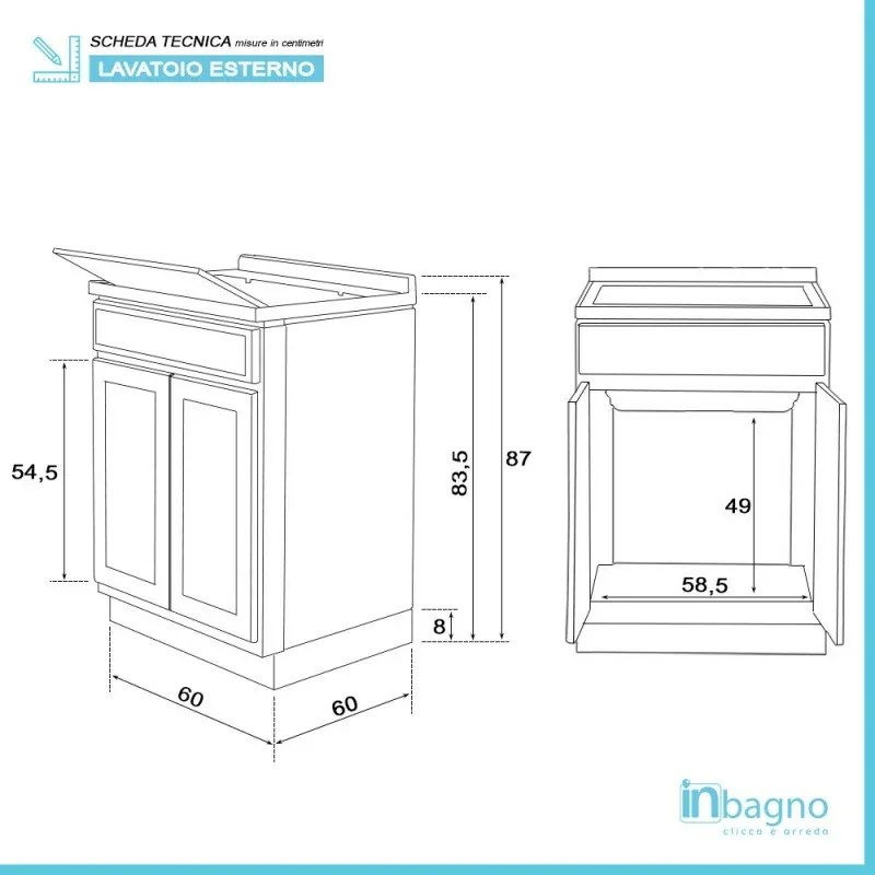 Mobile Lavatoio in Kit 60x60 cm con Vasca colore Bianco in Resina