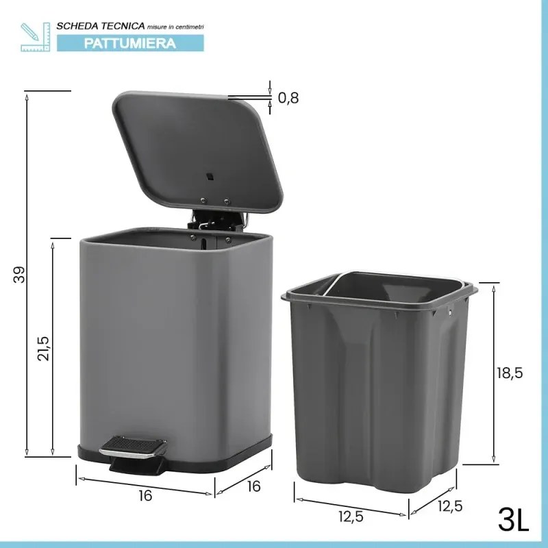Pattumiera bagno 3lt in acciaio grigio con apertura a pedale e cesto estraibile