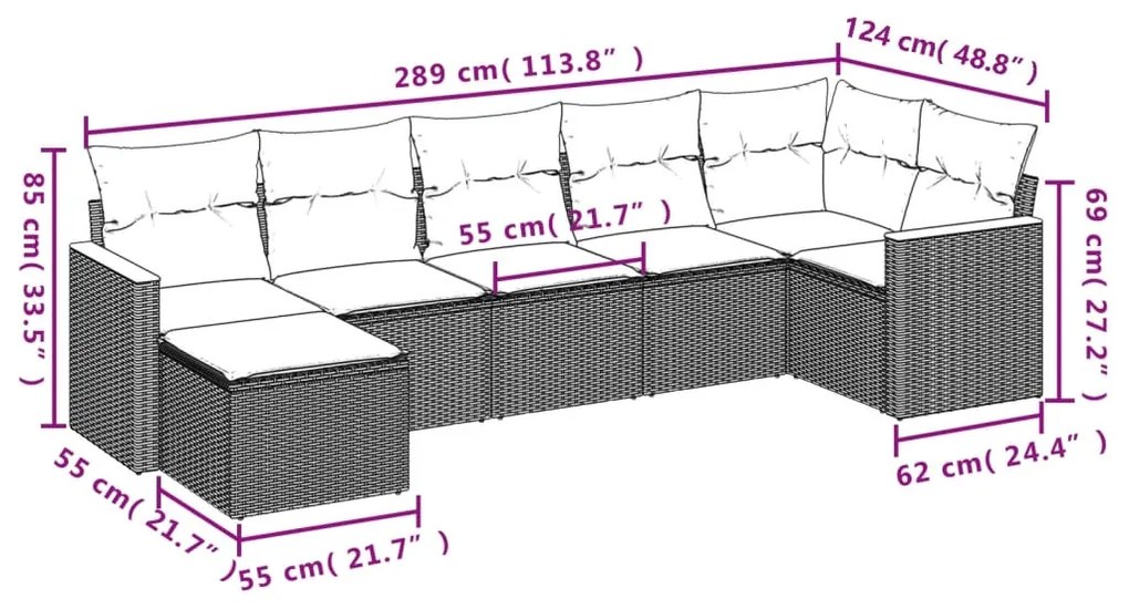 Set Divani da Giardino 7 pz con Cuscini Grigio in Polyrattan