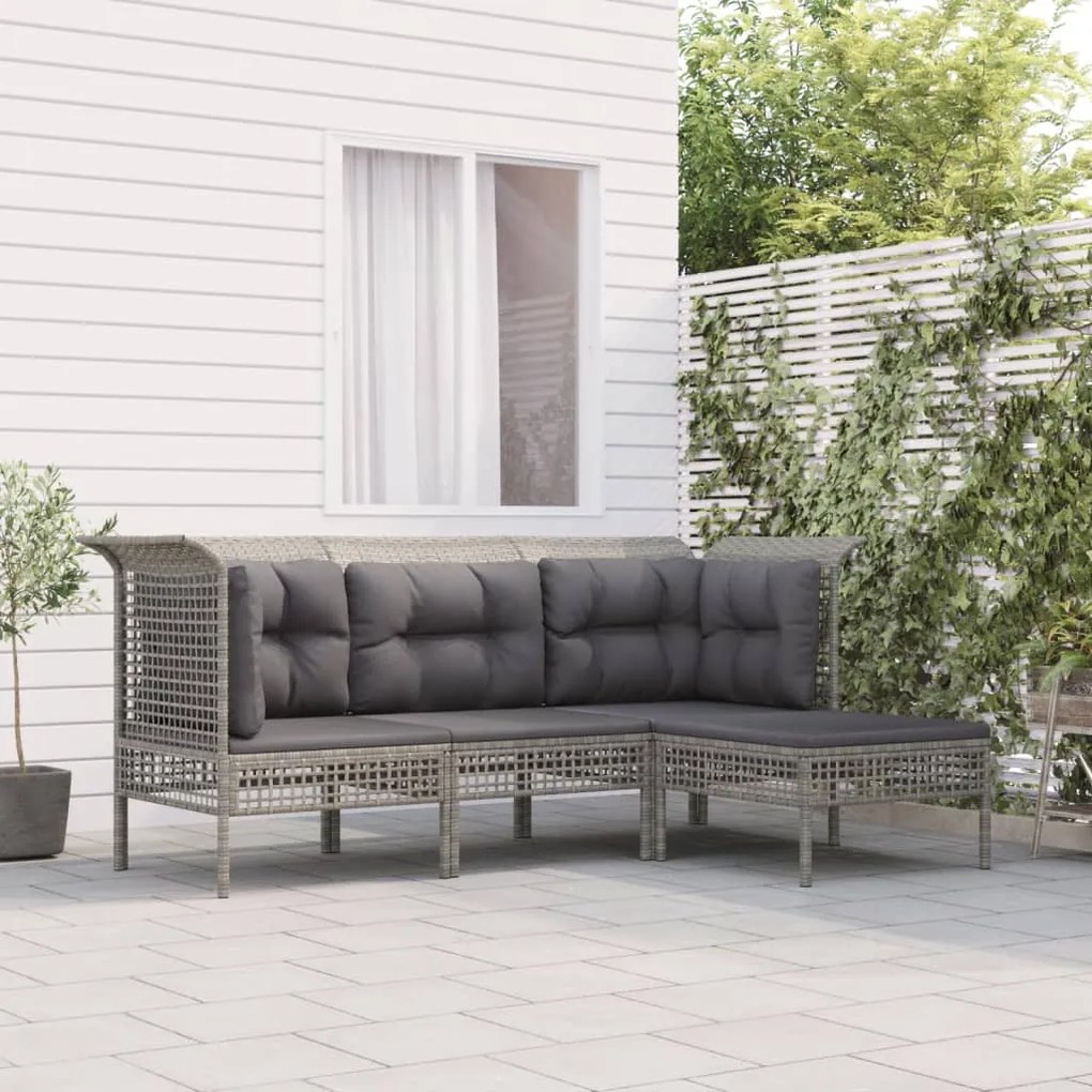 Set Divani da Giardino 4 pz con Cuscini in Polyrattan Grigio