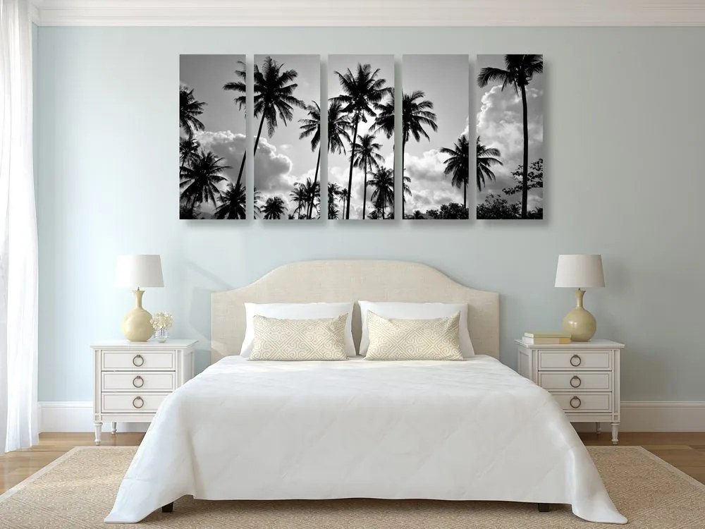 Quadri 5 pezzi – Palme da cocco sulla spiaggia in bianco e nero