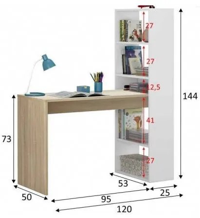 Scrivania Dacarte, Scrittoio multifunzione reversibile con libreria a 5 ripiani, Tavolo da studio o ufficio porta PC portalibri, 120x53h144 cm, Bianco e Rovere