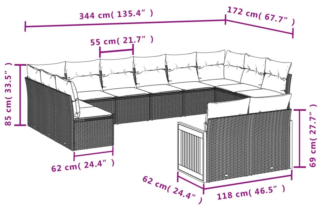 Set divani da giardino 12 pz con cuscini nero in polyrattan