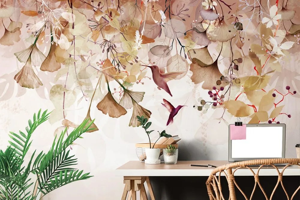 Carta da parati – Foglie con Colibrì in Marrone-Rosa