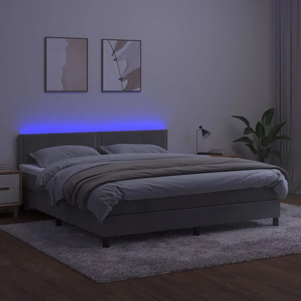 Letto a Molle Materasso e LED Grigio Chiaro 160x200 cm Velluto