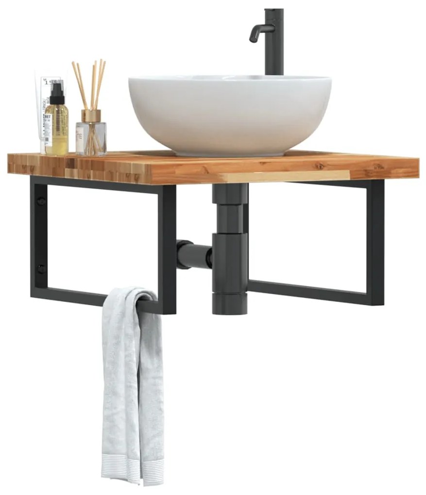Ripiano a parete per lavabo in acciaio e massello di acacia