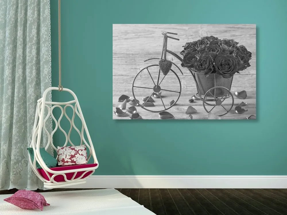 Quadro su tela – Bicicletta piena di rose in bianco e nero