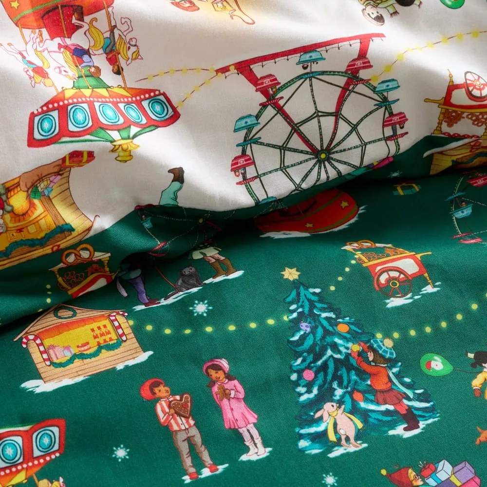 Set copripiumino e federa da bambini verde in cotone per letto matrimoniale 200x200 cm Christmas Fairground – Belle &amp; Boo