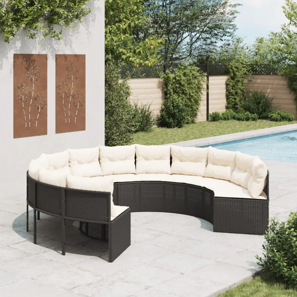 Divano da giardino con cuscini circolare nero in polyrattan