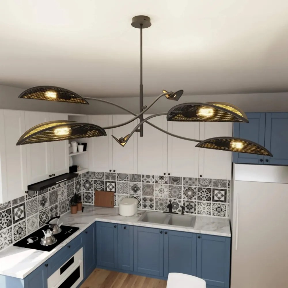 Lampadario a Sospensione in Acciaio e Tessuto LOTUS 6 Nero 6xE14 Colore del corpo Nero e Oro