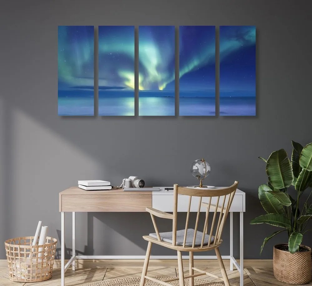 Quadri 5 pezzi – Aurora boreale sull'oceano