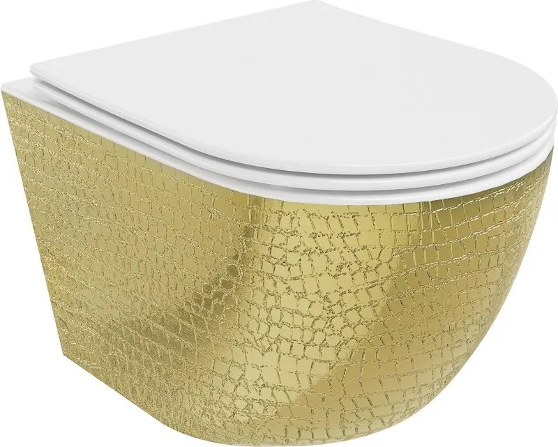Mexen Lena vaso wc Rimless con sedile a chiusura rallentata slim, duroplast, bianco/oro motivo a scaglie - 30224008