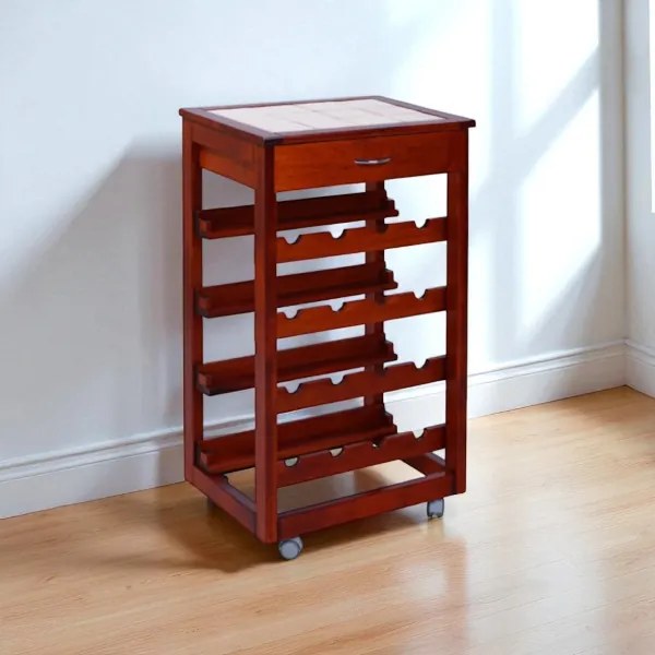 Carrello cantinetta LANDHELL in legno massello e piano in mattonelle CILIEGIO