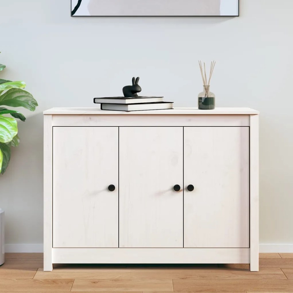 Credenza Bianca 100x35x74 Cm İn Legno Massello Di Pino /