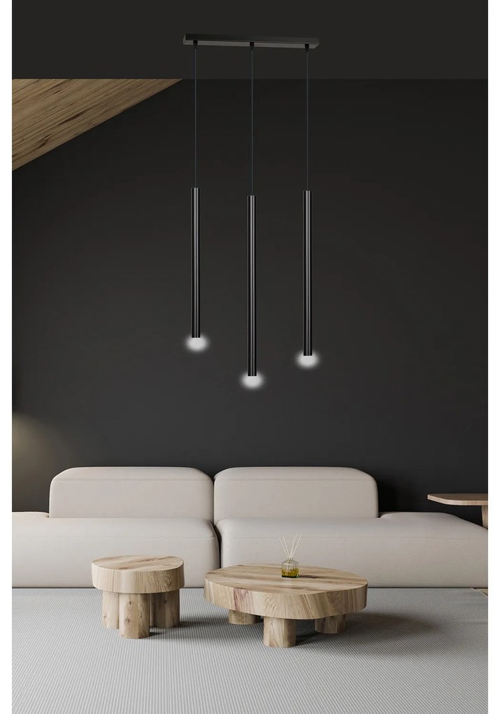 Lampadario 3 Luci Moderno Shu Acciaio Nero E Paralumi A Cilindri Sottili