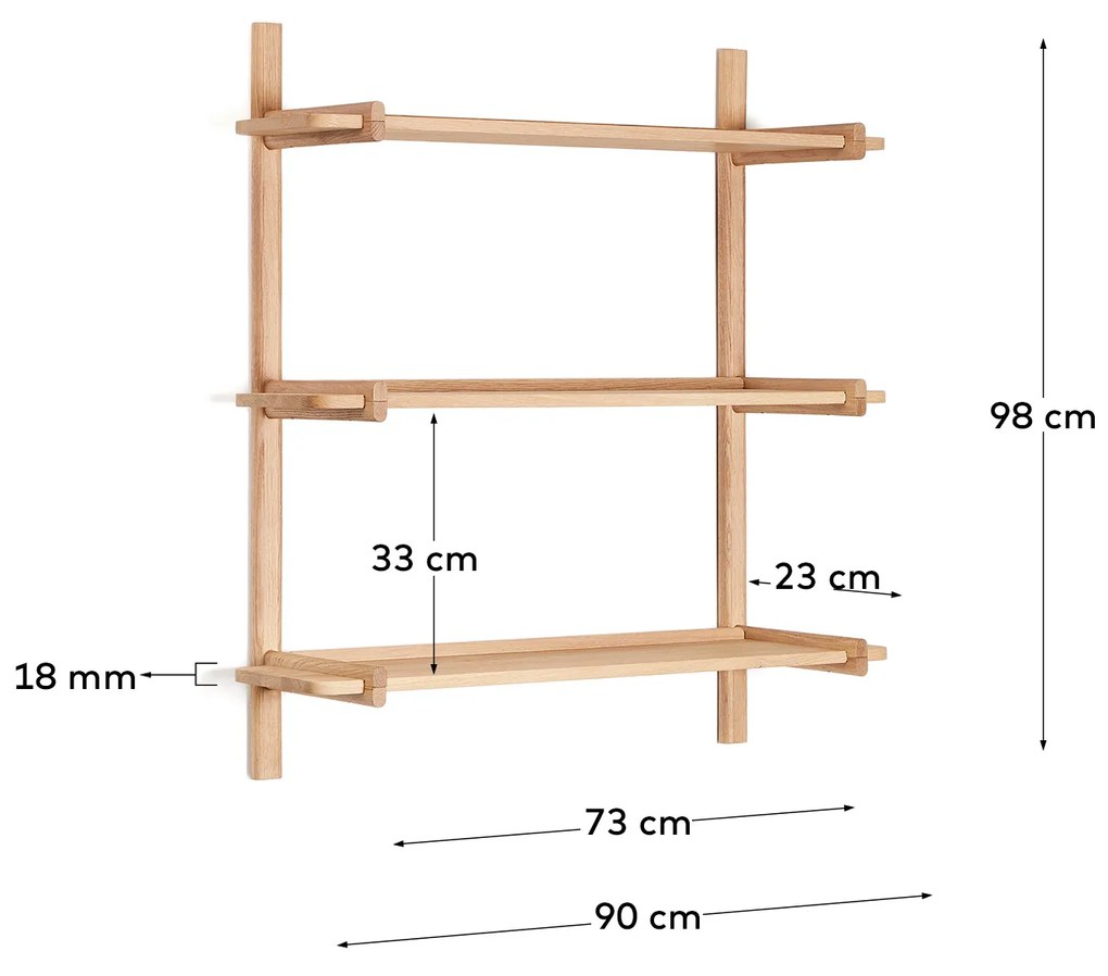 Kave Home - Scaffalatura modulare Sitra 3 mensole legno massiccio di rovere naturale 90cm FSC Mix Cred