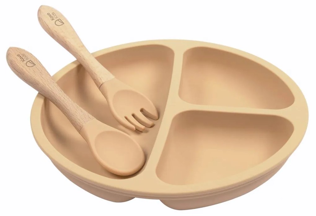 Kave Home - Set Epiphany di piatto e posate in silicone beige e legno