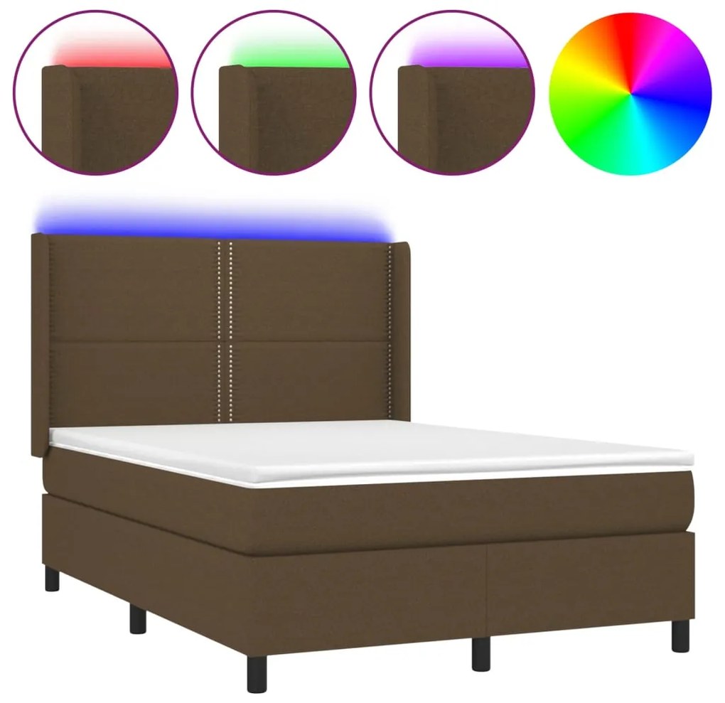 Letto a molle materasso e led marrone scuro 140x200 cm tessuto