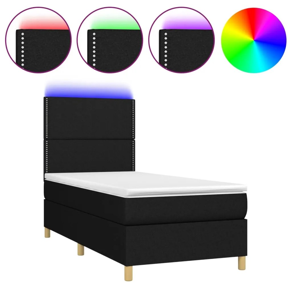 Letto a molle con materasso e led nero 90x200 cm in tessuto