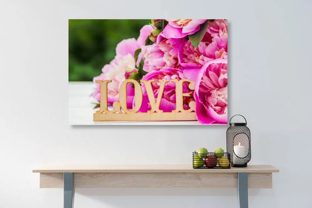 Quadro su tela – Peonie con scritta Love