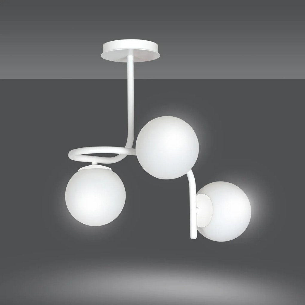 Lampadario 3 Luci Rama In Acciaio Bianco A Bracci E Sfere In Vetro Opalino