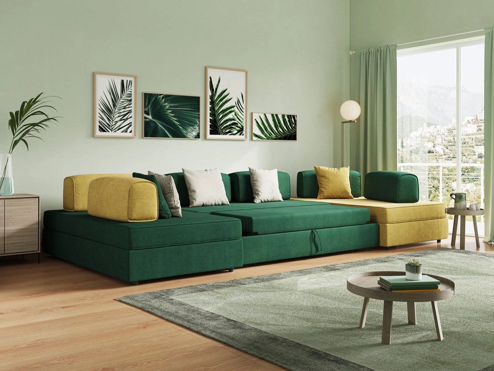 Liberty divano panoramico con pouf estraibile e schienali movibili in tessuto morbido impermeabile T02 verde
