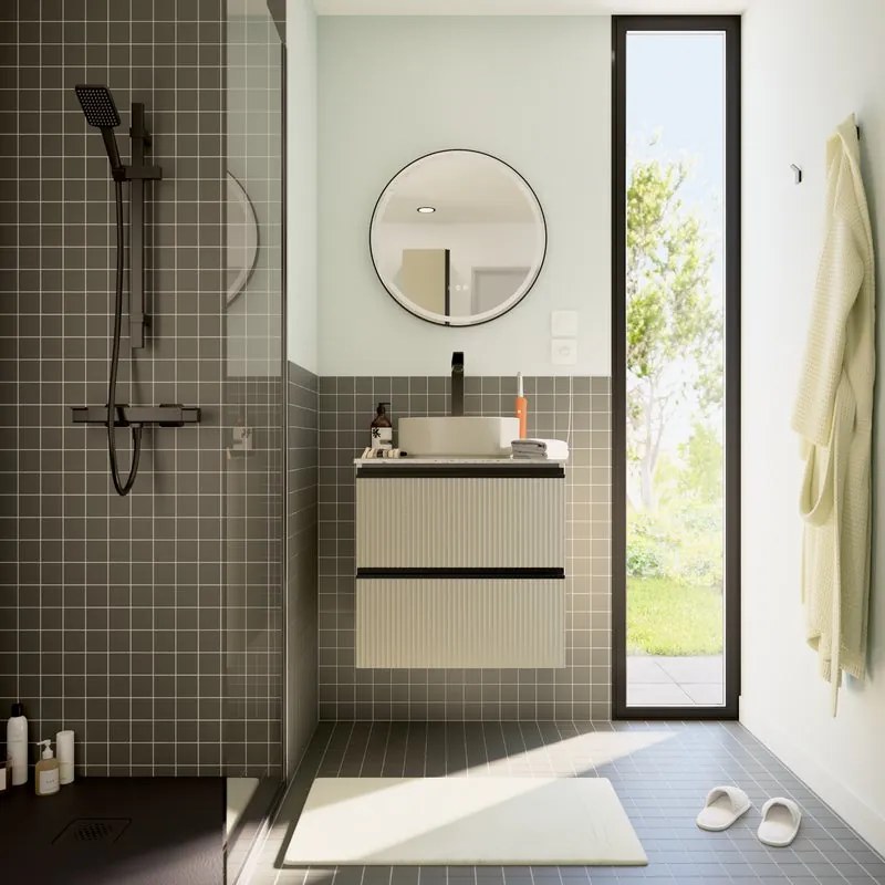 Mobile bagno sospeso Studio con lavabo, top incluso L 60 x H 58 x P 48.1 cm beige cannettato in mdf 2 cassetti per vasca centrale