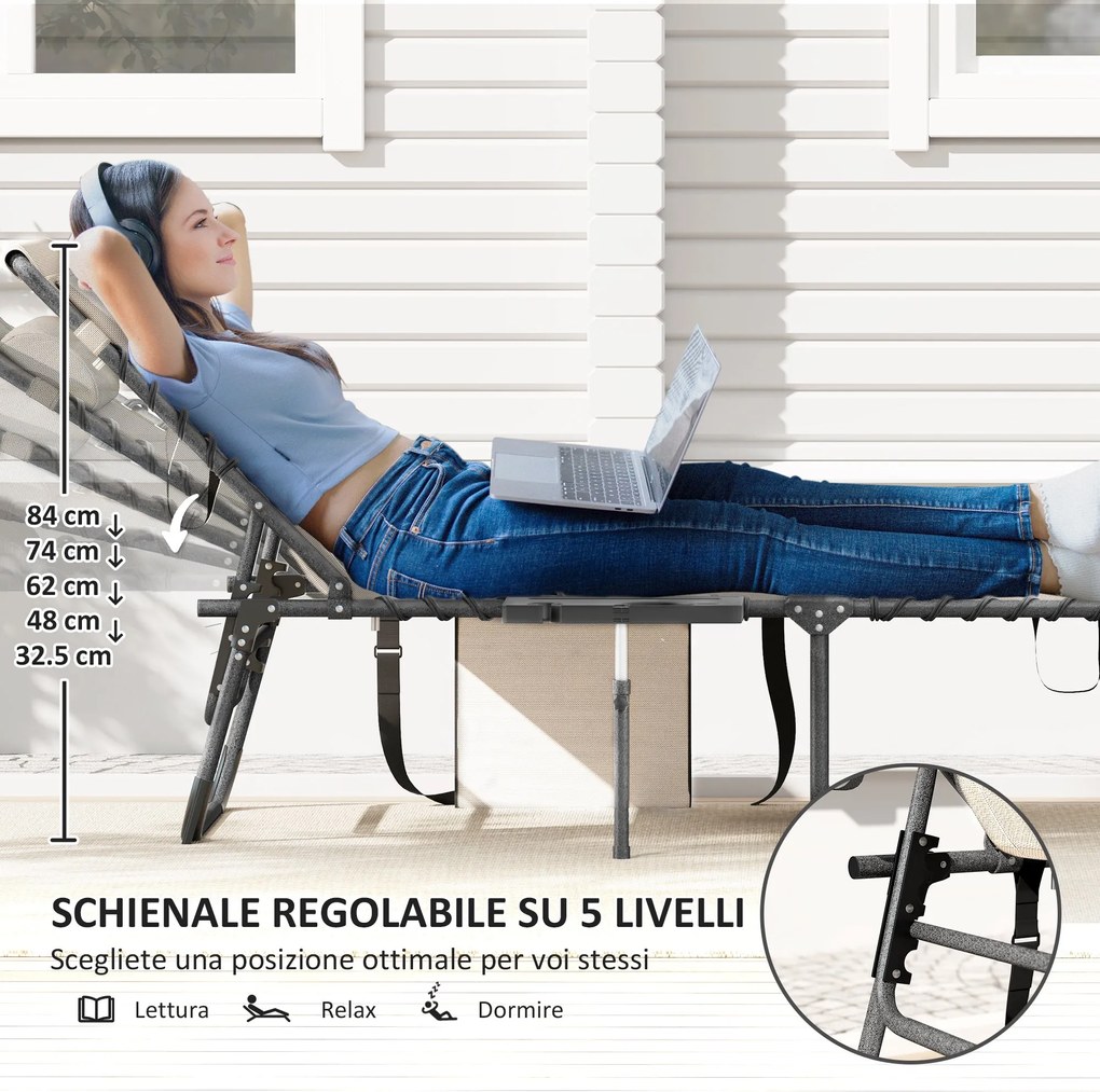 Sdraio da Giardino Pieghevole 60x190x31 cm Reclinabile a 5 Livelli con Tavolino Laterale e Tasca Crema...