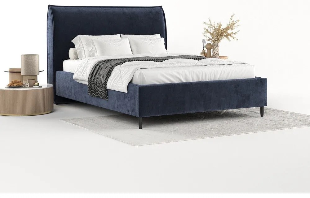 Letto matrimoniale imbottito blu scuro con spazio contenitivo e rete 140x200 cm Shell - Maison de Rêve