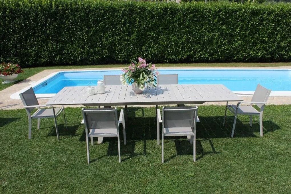 SPLENDOR - set tavolo in alluminio cm 200/300 x 110 x 75 h con 6 poltrone Splendor