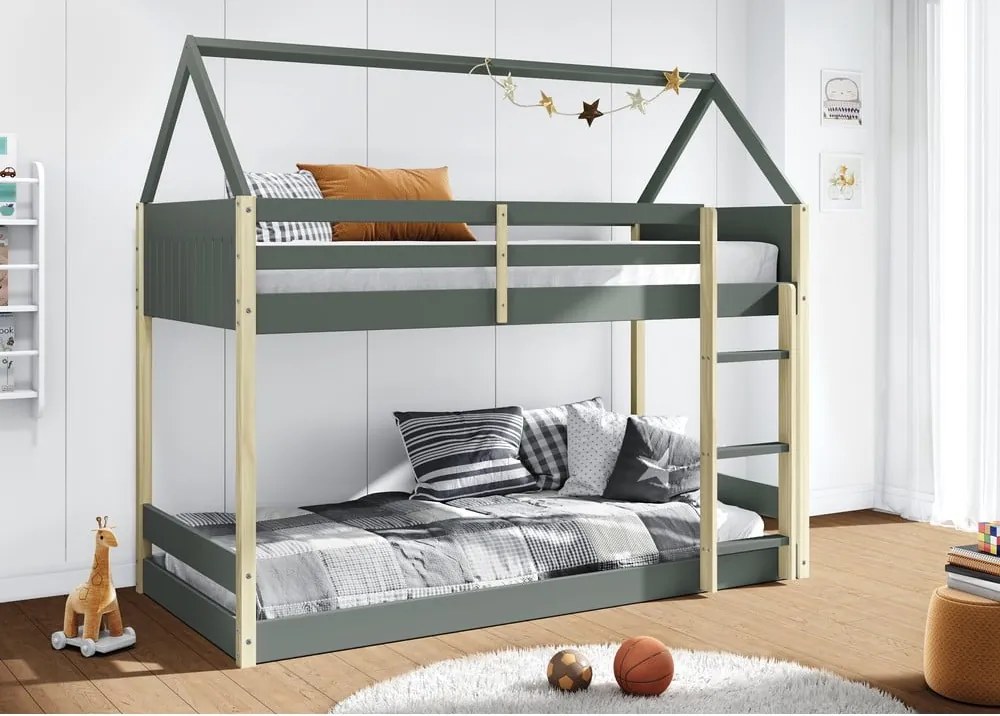 Letto da bambini a forma di casa/a castello di colore naturale/verde polveroso con rete inclusa 90x190 cm Valka – Marckeric