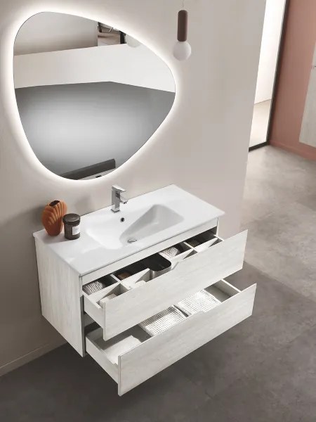 Mobile bagno sospeso BORA 80 cm con 2 cassetti Larice Bianco e lavabo ceramica