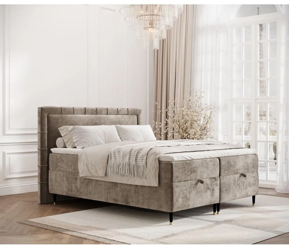 Letto boxspring beige con spazio contenitivo 200x200 cm Voyage - Maison de Rêve