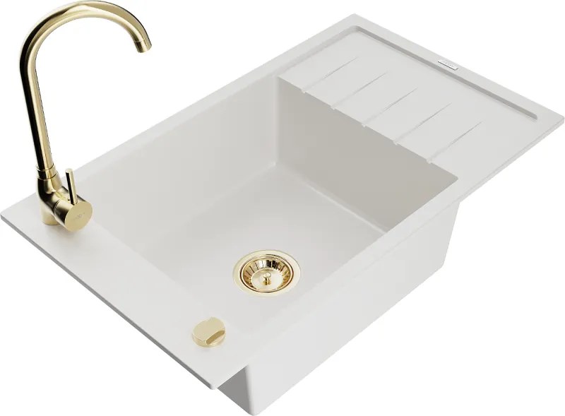 Mexen Elias lavello in granito a 1 vasca con gocciolatoio e rubinetto da cucina Telma, bianco - 6511-20-670200-50