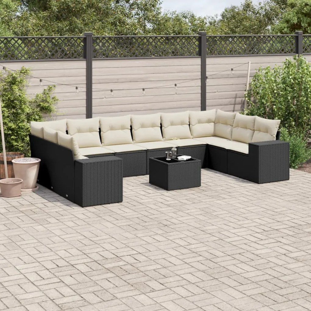 Set divani da giardino 11 pz con cuscini in polyrattan nero